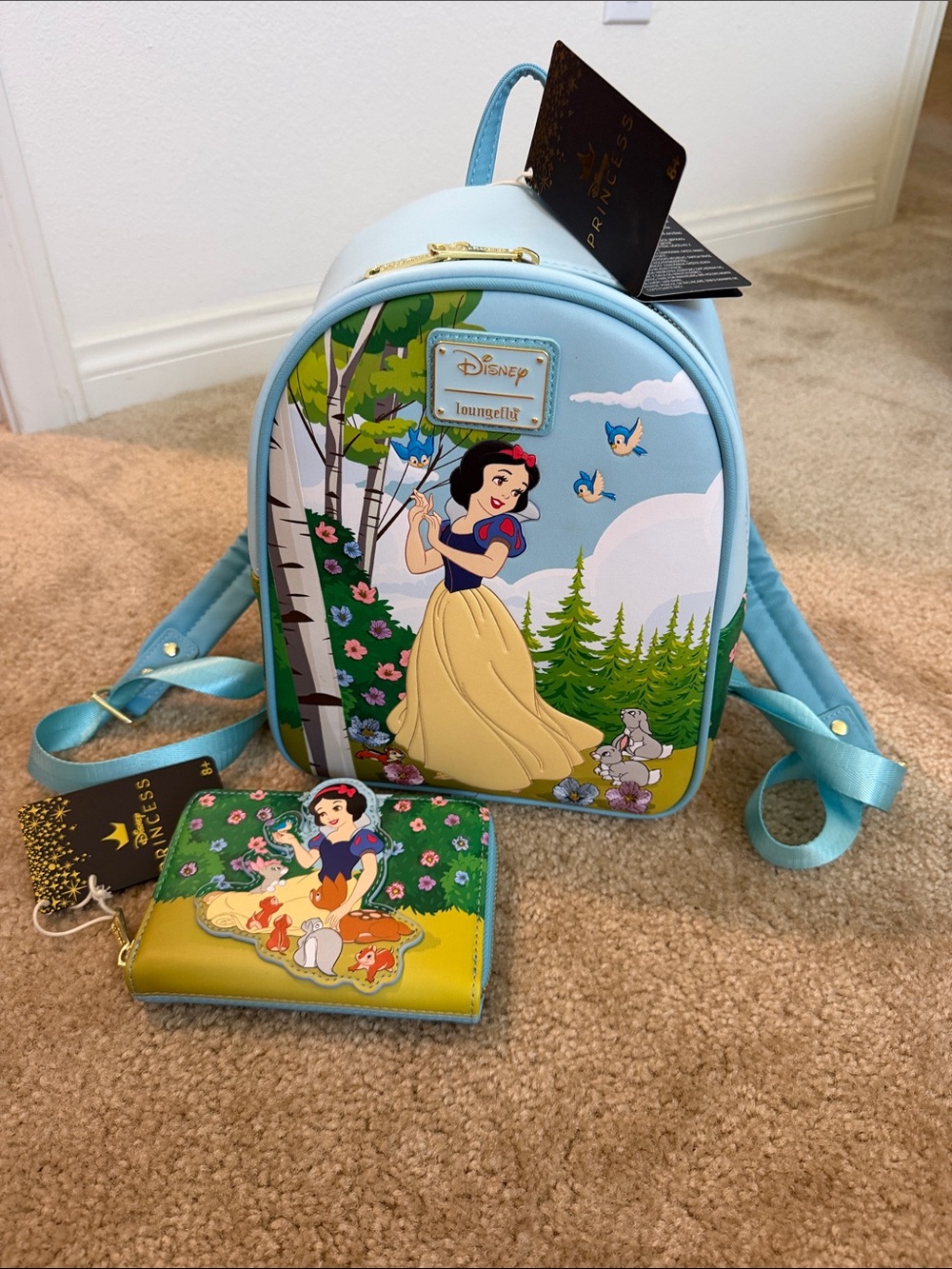 Loungefly Snow White Mini Backpack and Wallet - Light Blue, Yellow, Green